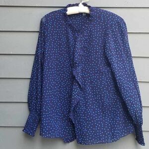 Tarahi Black Blue Dot Sheer Long Sleeve Ruffle Front Blouse size Medium
